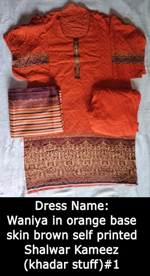 Dress Name Waniya in Orange Base Skin brown Self Printed Shalwar Kameez ( Khadar Stuff )#1. - Image 3