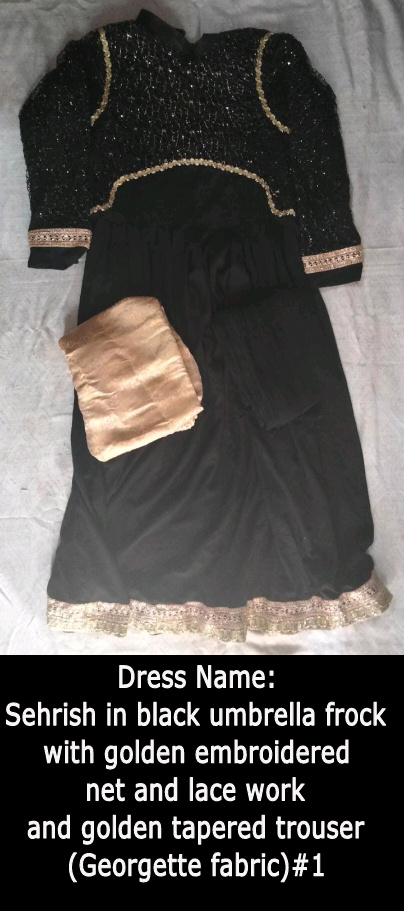 Sehrish in Black Umbrella Frock with Golden Embroidered Net and Lace Work and Golden Tapered Trousers ( Georgette Fabric ) #1. - Image 2