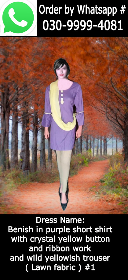 Benish in Purple Short Shirt With Crystal Yellow Buttons & Ribbon Work and Wild Yellowish Trousers  ( Lawn Fabric ) #1.