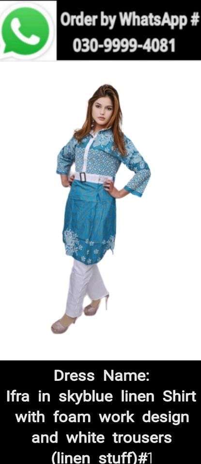 Ifra in skyblue  linen shirt  with foam work design and white trouser ( linen stuff)#1