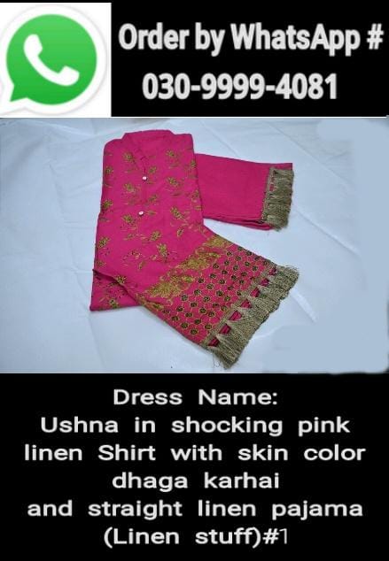 Ushna in shocking pink linen shirt with skin color dhaga karhai and straight Linen pajama (linen stuff)#1 - Image 2