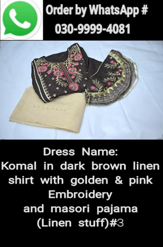 Komal in dark brown linen shirt with golden & pink embroidery and golden masori pajama ( linen stuff)#3 - Image 2