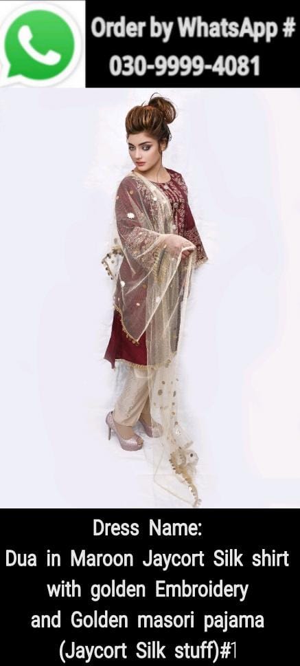 Dua in Maroon jaycort silk shirt with golden embroidery and golden masori pajama (jaycort silk stuff)#1