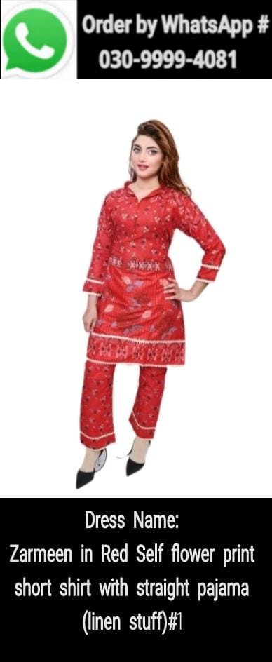 Zarmeen on red self flower print short shirt with straight pajama (linen stuff)#1