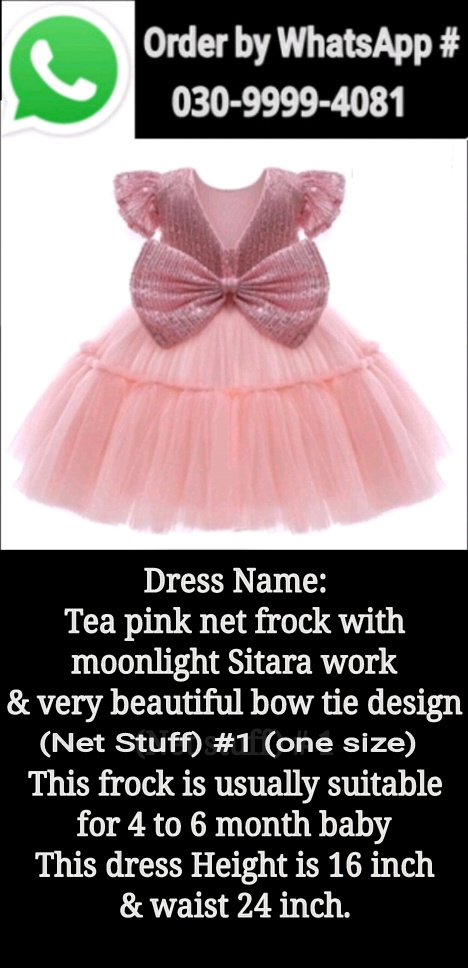 Tea Pink Net Frock with Moonlight Sitara work & very beautiful bow tie design (Net stuff)#1 (one size)