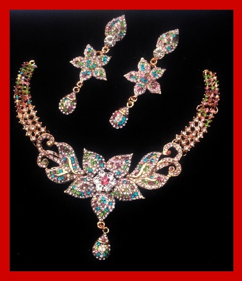 Imitation Jewellery no: 02 Golden & multi colour zarkoon necklace with ear rings