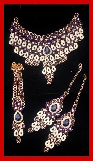 Imitation Jewellery no 04 Golden , white & purple zarkoon necklace & ear rings with bindiya.