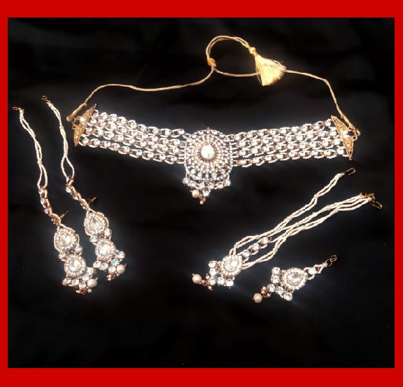 Imitation Jewellery no 06 Golden white & brown zarkoon choker set with ear rings , jhomer and Matha Patti.