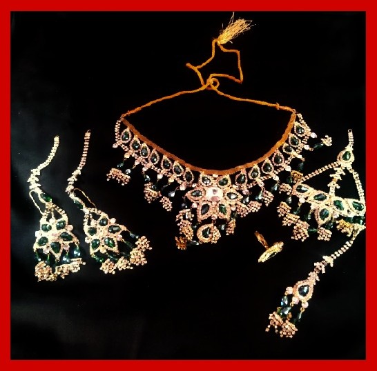 Imitation Jewellery no 07 golden dark green crystal necklace with ear rings, jhomer rl, ring and bindiya