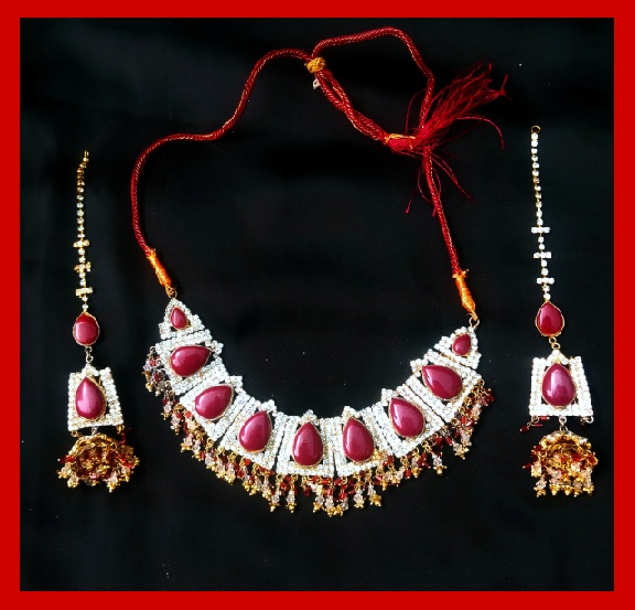 Imitation Jewellery no 15 Maroon crystal and golden zarkoon collar necklace with earrings