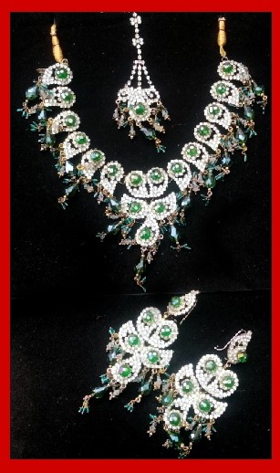 Imitation Jewellery no 16 white and green zarkoon necklace with earrings and bindiya