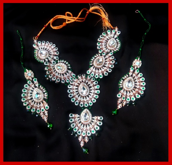 Imitation Jewellery no.21silver green & copper zarkoon floral motif long necklace with earrings