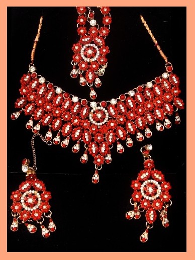 Imitation Jewellery no 27 golden & red zarkoon bib necklace with earrings and bindiya