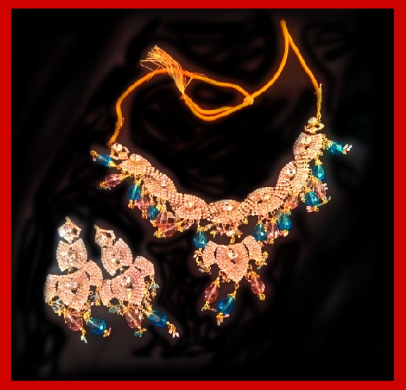 Imitation Jewellery no 34 golden white & ferozi zarkoon necklace with earrings