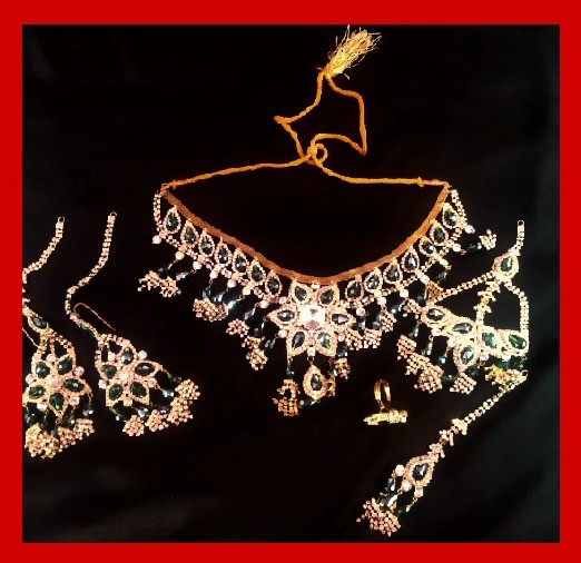 Imitation Jewellery no 51 golden white zarkoon & green crystal necklace with earrings bindiya ring and jhomer