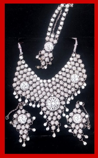 Imitation Jewellery no 52 silver white zarkoon antique necklace with earrings and bindiya